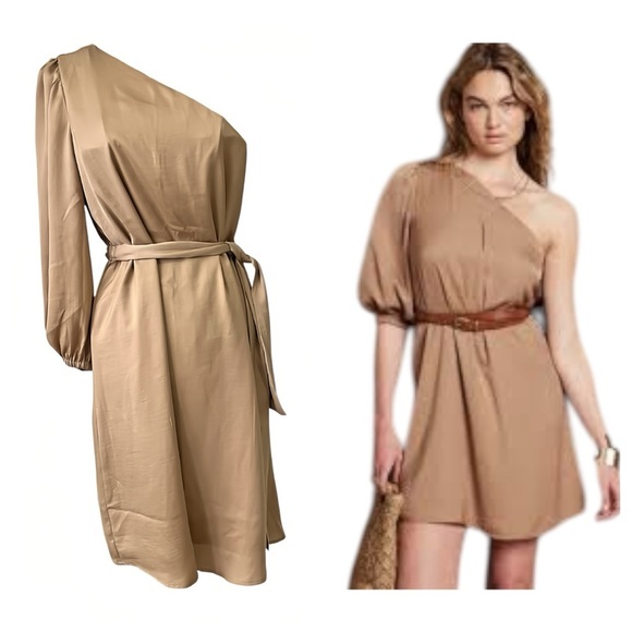 Banana Republic Dresses & Skirts - Banana Republic Satin One-Shoulder Midi Dress – Champagne Toast – XS Tall
